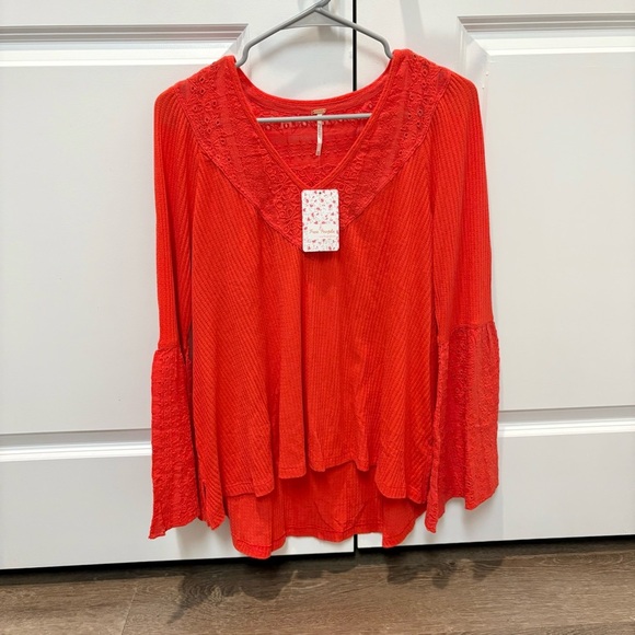 Free People Parisian Nights Bell Sleeve Blouse Top Vermillion Red Size XS - Picture 2 of 6